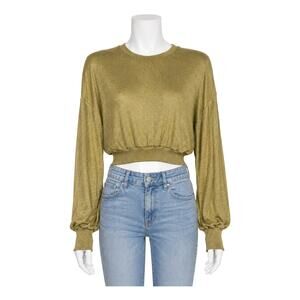 Free People Gold Shimmer Sweater Balloon Sleeve Boho Chic Glam Small Top